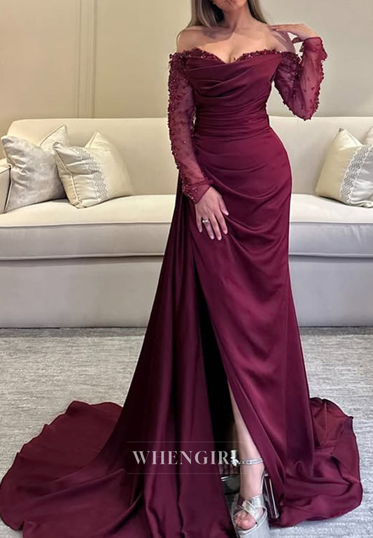 Sweetheart Beads Pleats Side Slit Long Sleeves Burgund Formal Evening Dress