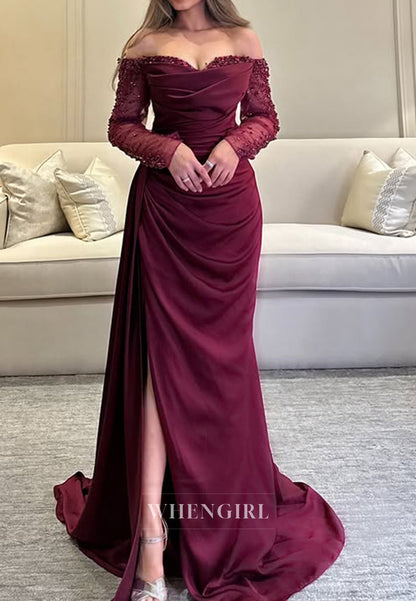 Sweetheart Beads Pleats Side Slit Long Sleeves Burgund Formal Evening Dress
