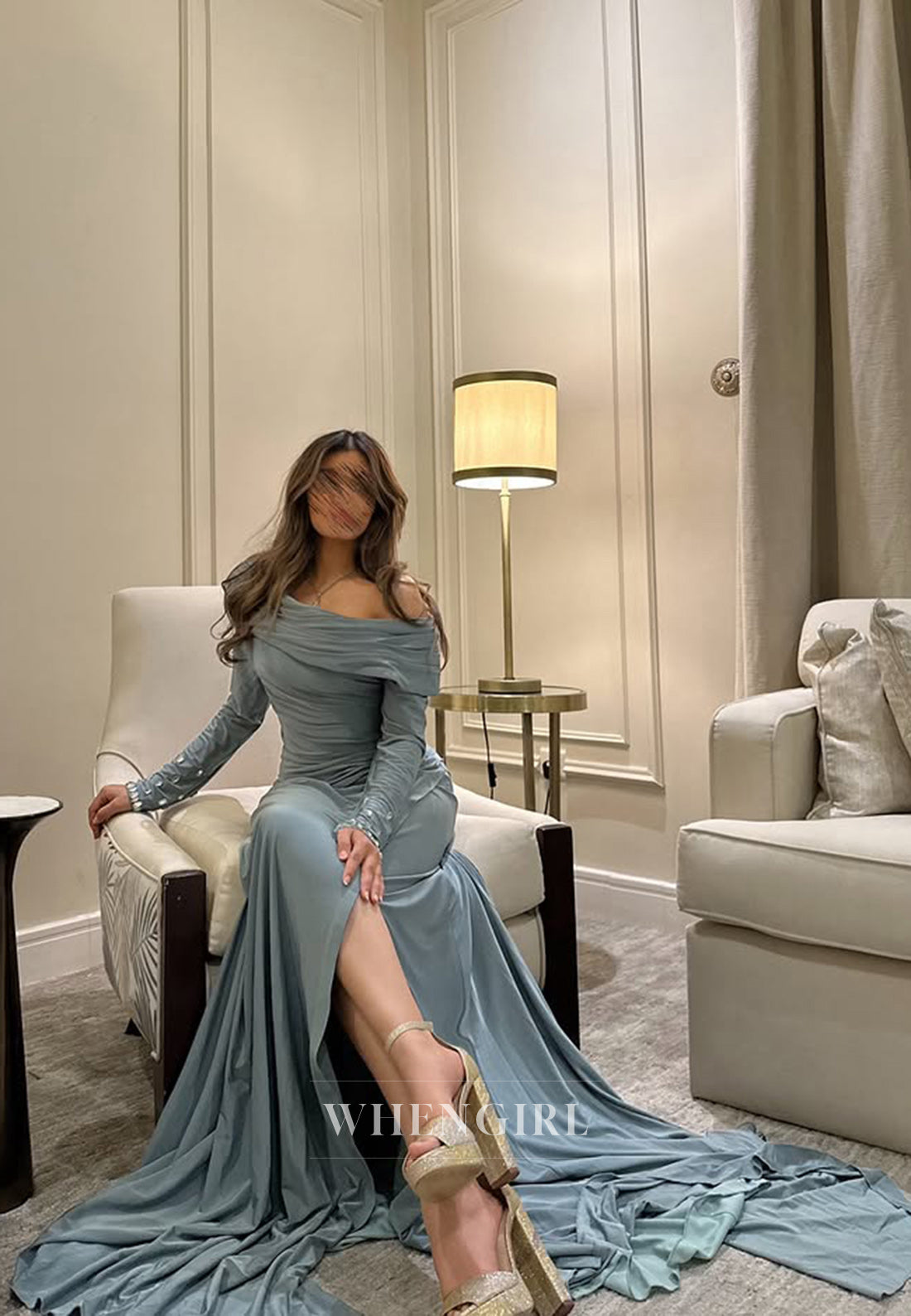 Asymmetrical Neck Pleats Side Slit Long Sleeves Formal Evening Dress