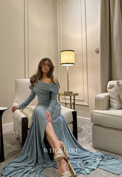 Asymmetrical Neck Pleats Side Slit Long Sleeves Formal Evening Dress