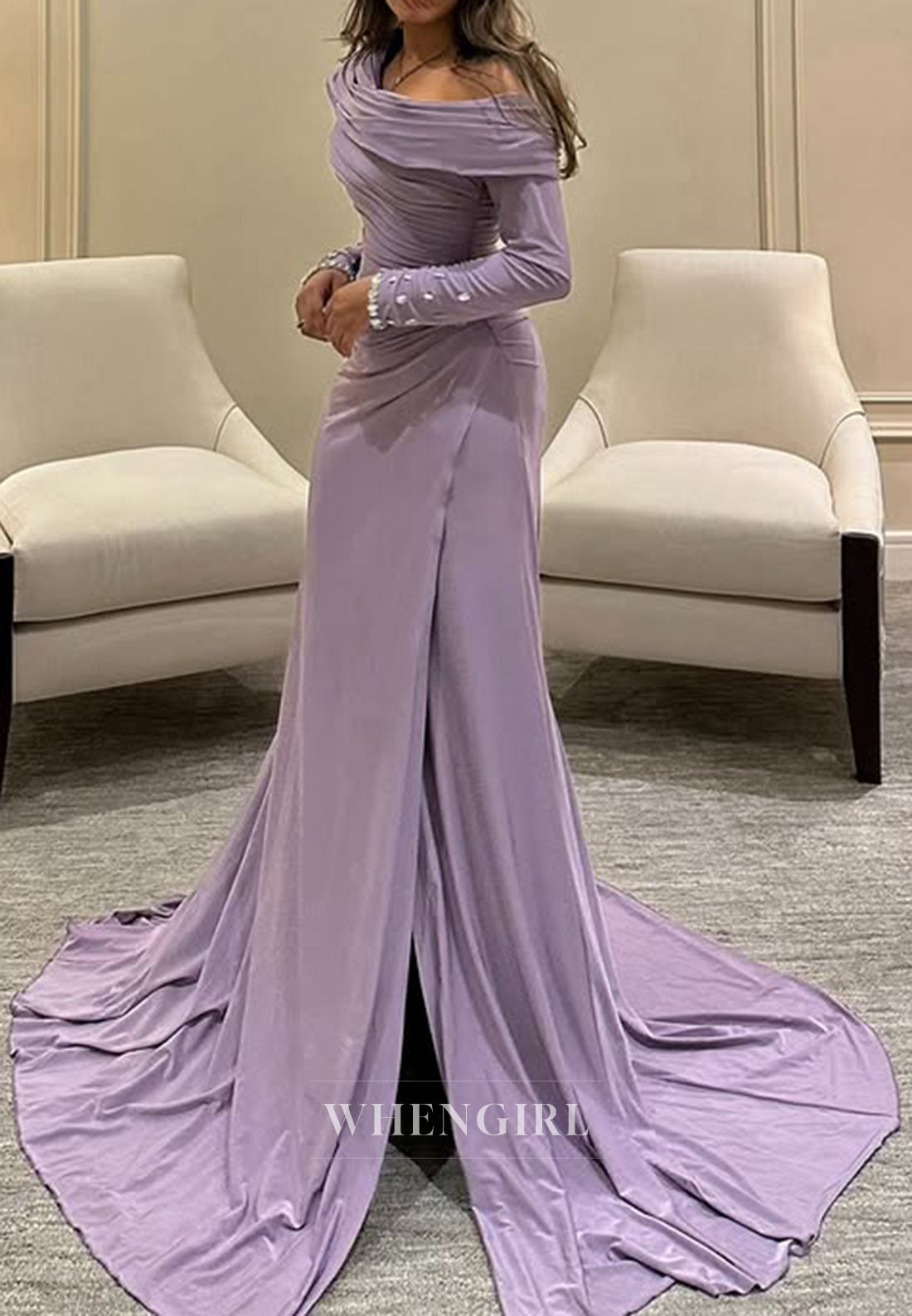 Asymmetrical Neck Pleats Side Slit Long Sleeves Formal Evening Dress