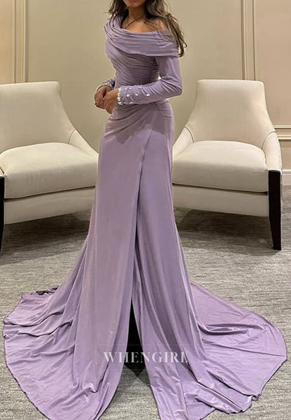 Asymmetrical Neck Pleats Side Slit Long Sleeves Formal Evening Dress