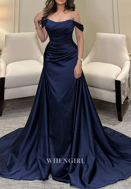 Strapless Satin Pleats Mermaid Long Formal Evening Dress with Train