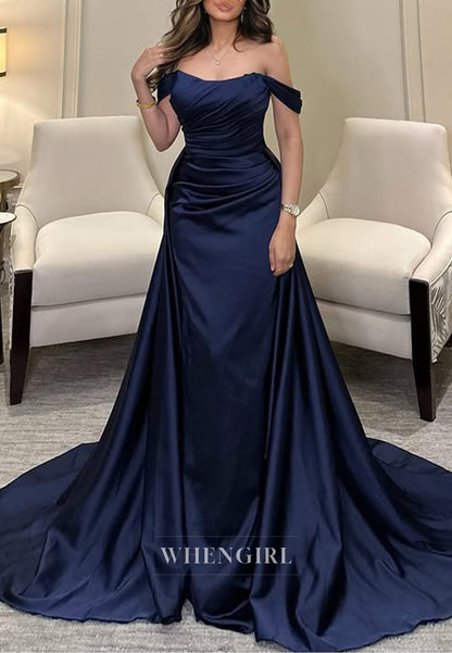 Strapless Satin Pleats Mermaid Long Formal Evening Dress with Train