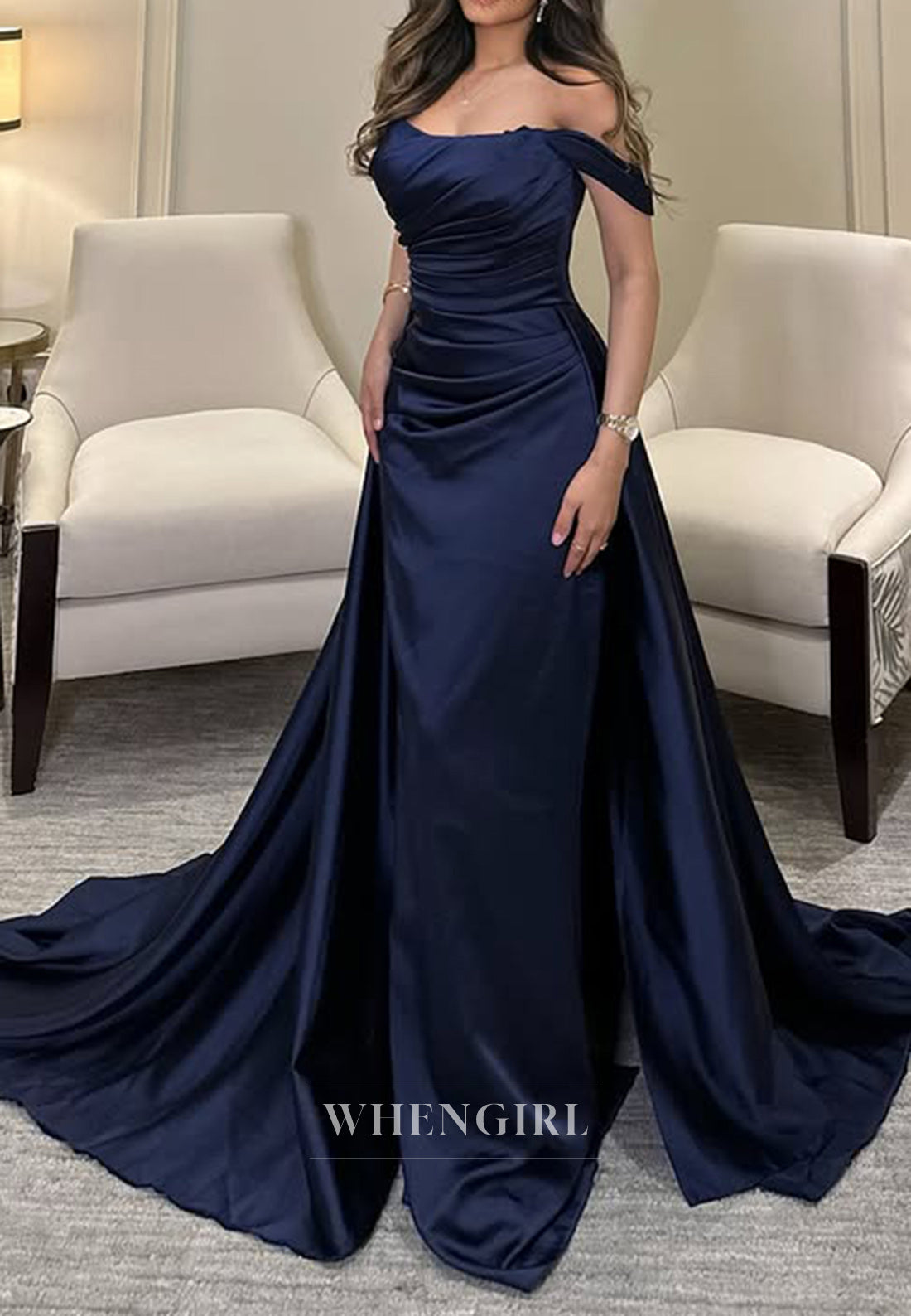 Strapless Satin Pleats Mermaid Long Formal Evening Dress with Train