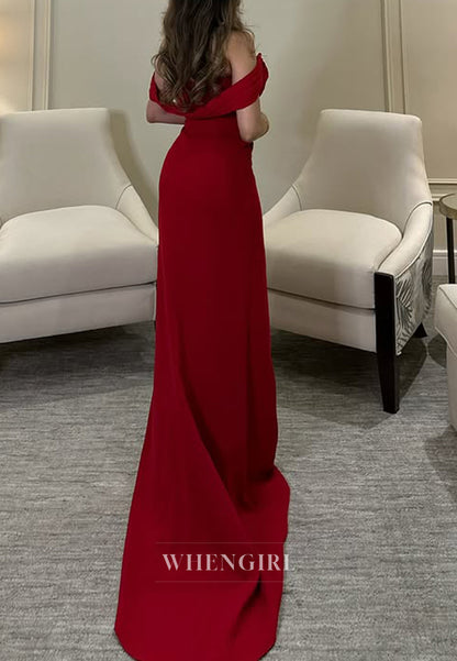 Strapless Pleats Red Sheath Long Formal Evening Dress with Train