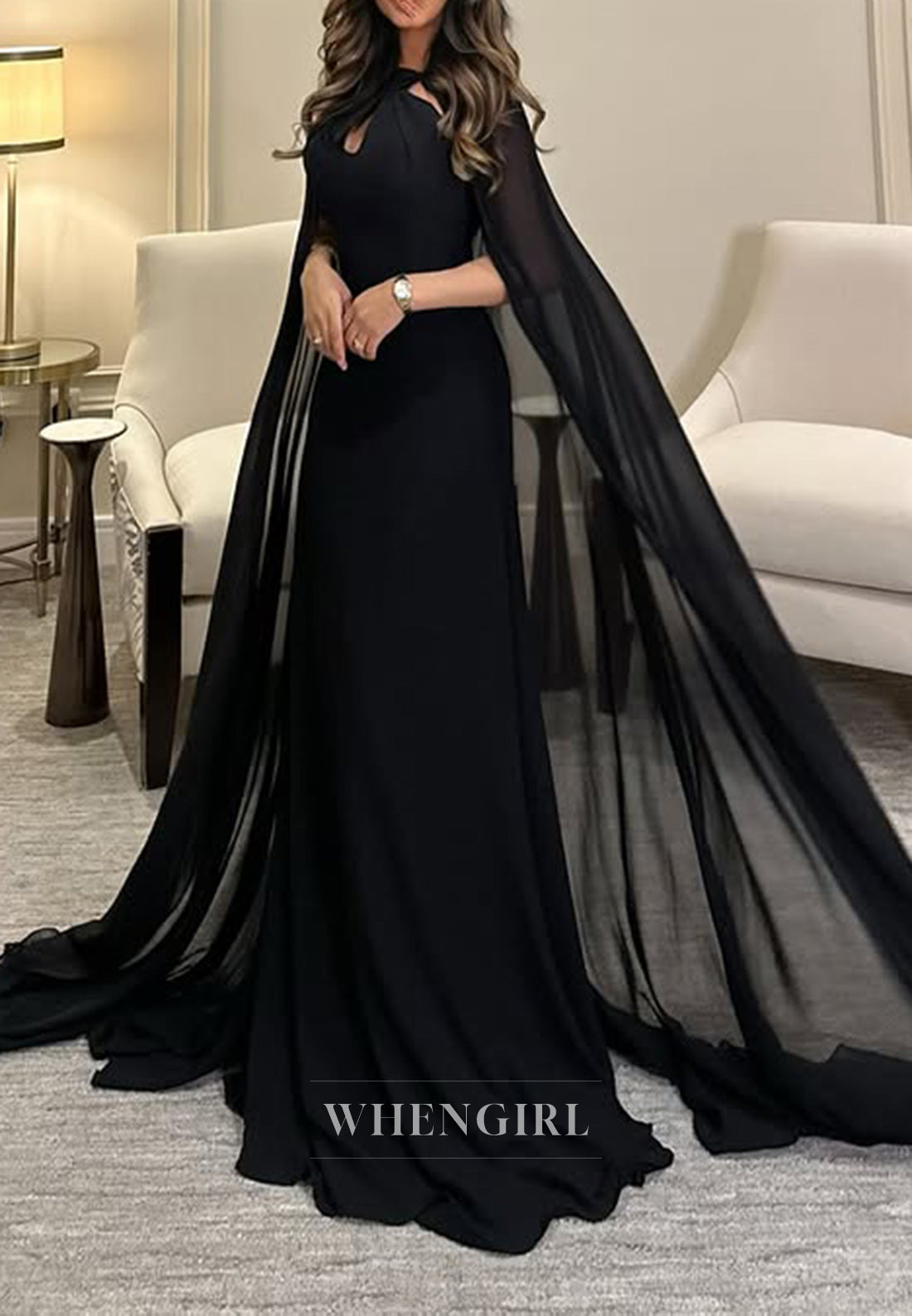 Unique High Neck Black Chiffon Column Long Formal Evening Dress