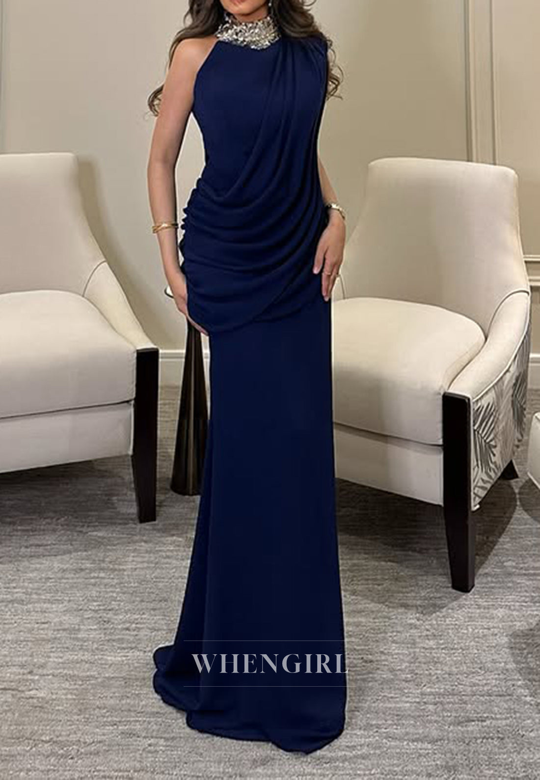 Unique High Neck Beads Pleats Column Long Formal Evening Dress