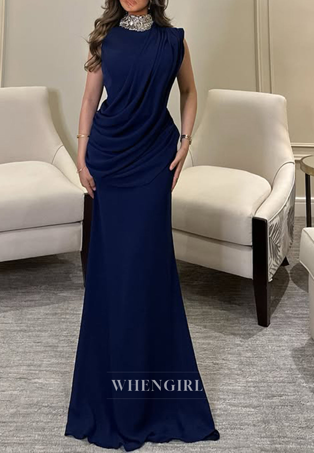 Unique High Neck Beads Pleats Column Long Formal Evening Dress