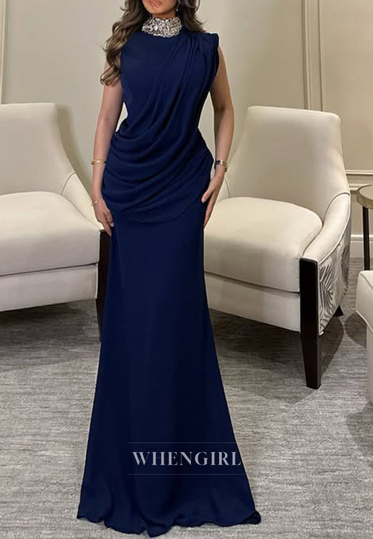 Unique High Neck Beads Pleats Column Long Formal Evening Dress
