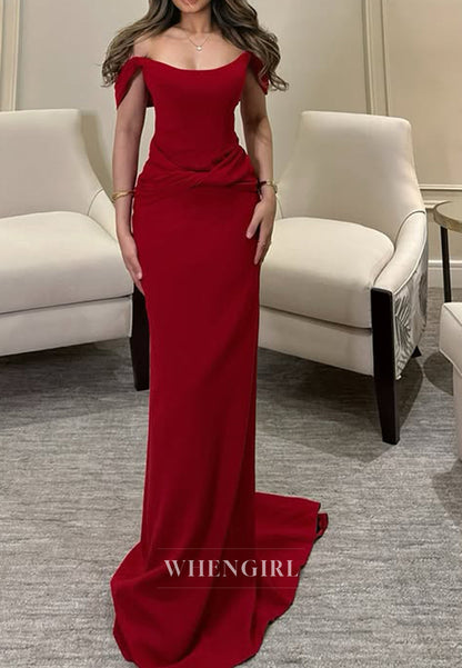 Strapless Pleats Red Sheath Long Formal Evening Dress with Train