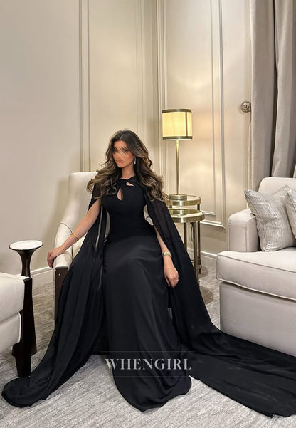 Unique High Neck Black Chiffon Column Long Formal Evening Dress