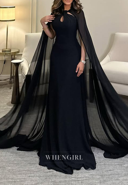 Unique High Neck Black Chiffon Column Long Formal Evening Dress