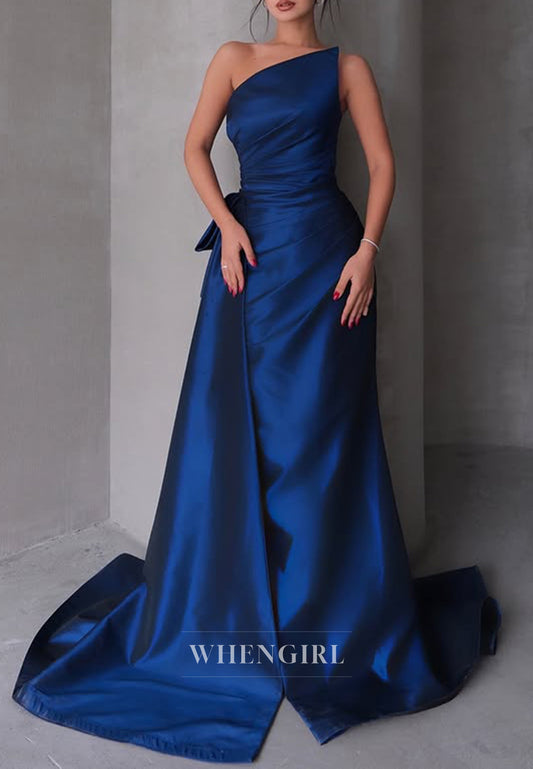 Asymmetrical Neck Satin Pleats Mermaid Long Formal Evening Dress