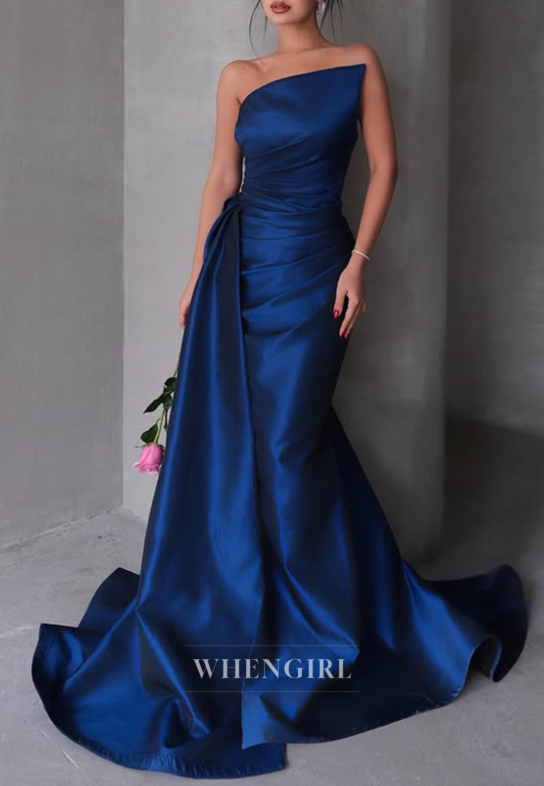 Asymmetrical Neck Satin Pleats Mermaid Long Formal Evening Dress