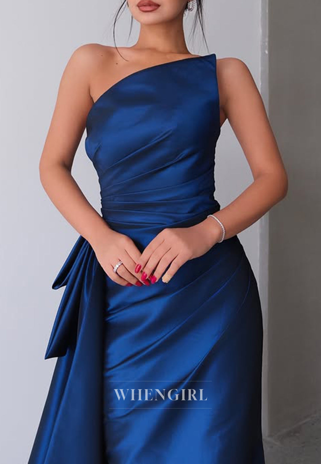 Asymmetrical Neck Satin Pleats Mermaid Long Formal Evening Dress