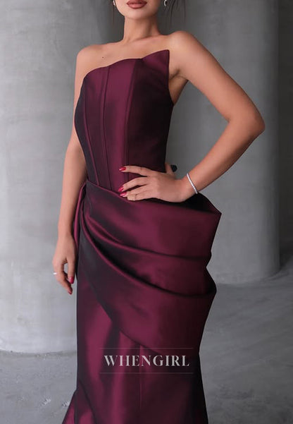 Asymmetrical Neck Satin Pleats Mermaid Long Formal Evening Dress