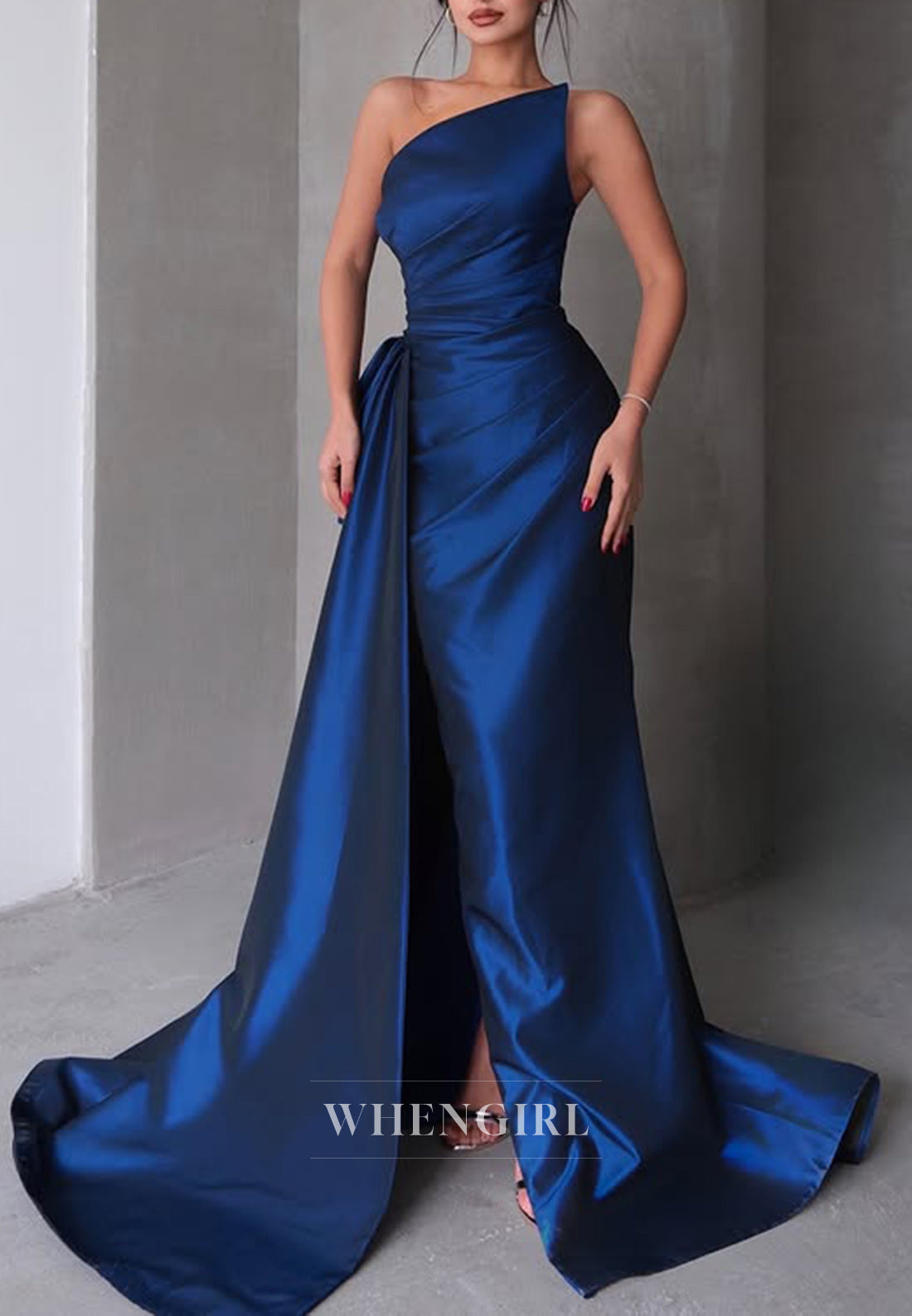 Asymmetrical Neck Satin Pleats Mermaid Long Formal Evening Dress