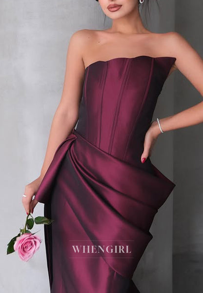 Asymmetrical Neck Satin Pleats Mermaid Long Formal Evening Dress