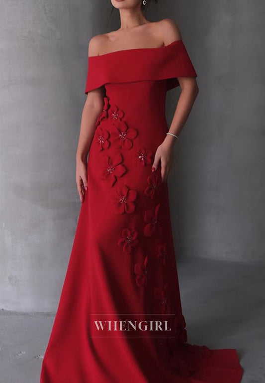 Chic Off Shoulder Flowers Sheath Long Formal Evening Dress with Train