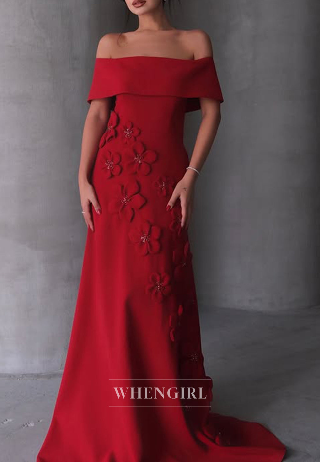 Chic Off Shoulder Flowers Sheath Long Formal Evening Dress with Train