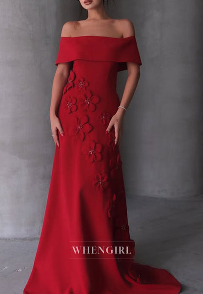 Chic Off Shoulder Flowers Sheath Long Formal Evening Dress with Train
