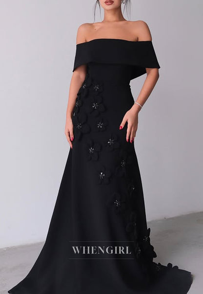 Chic Off Shoulder Flowers Sheath Long Formal Evening Dress with Train
