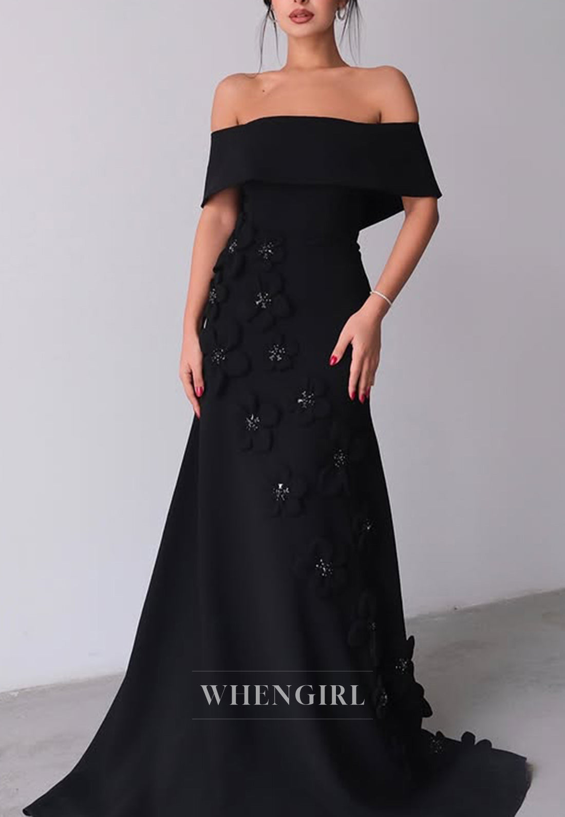 Chic Off Shoulder Flowers Sheath Long Formal Evening Dress with Train