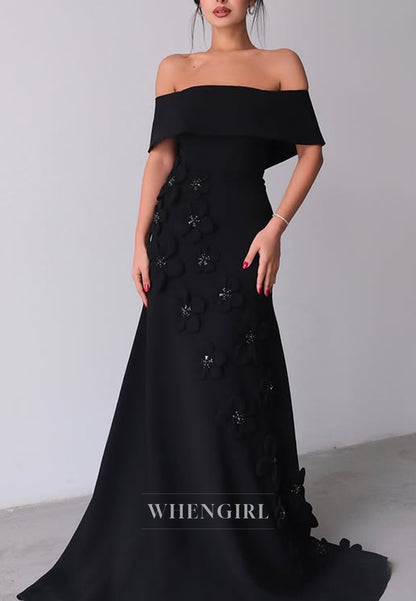 Chic Off Shoulder Flowers Sheath Long Formal Evening Dress with Train