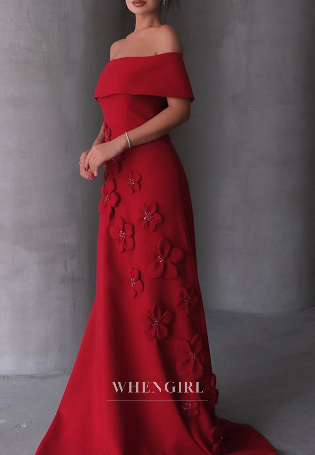 Chic Off Shoulder Flowers Sheath Long Formal Evening Dress with Train