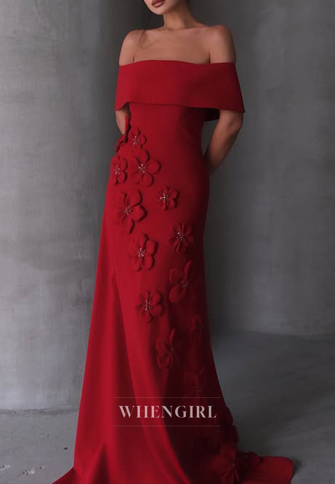 Chic Off Shoulder Flowers Sheath Long Formal Evening Dress with Train