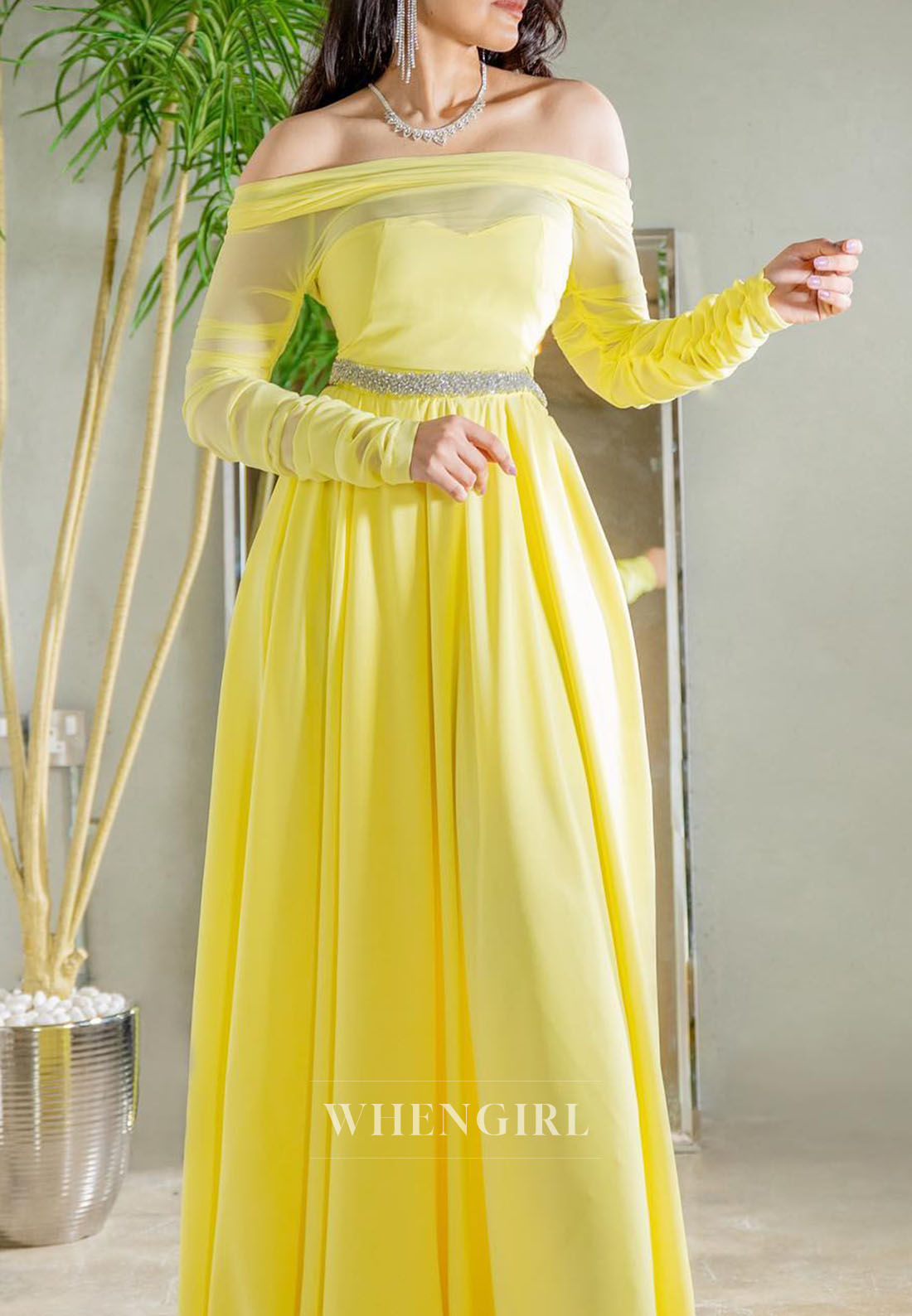 Daffodil Off Shoulder Long Sleeves A-Line Beaded Evening Formal Dress
