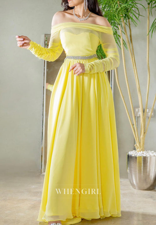 Daffodil Off Shoulder Long Sleeves A-Line Beaded Evening Formal Dress
