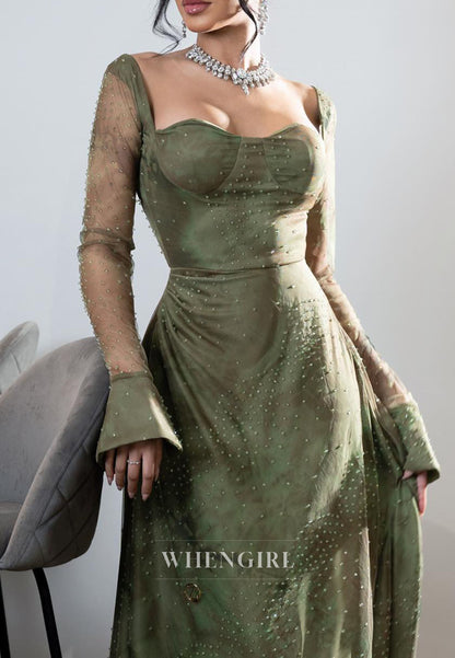 Sweetheart Long Sleeves Beaded A-Line Ruched Back Zipper Evening Dress