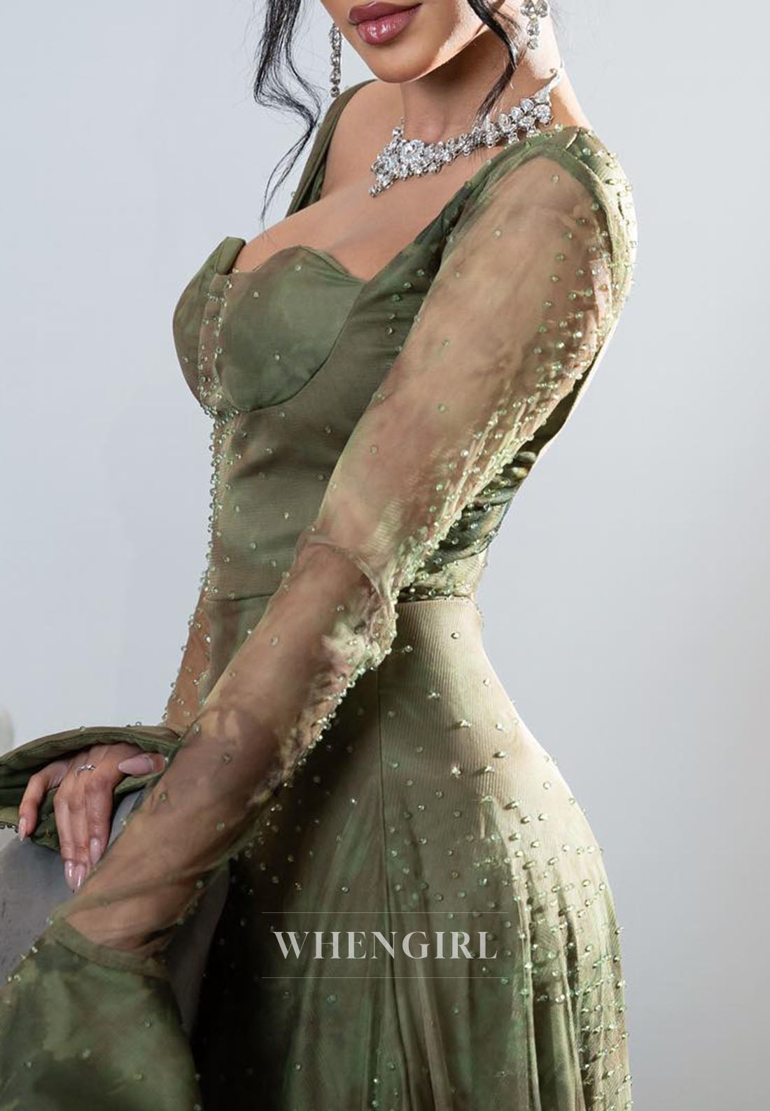 Sweetheart Long Sleeves Beaded A-Line Ruched Back Zipper Evening Dress