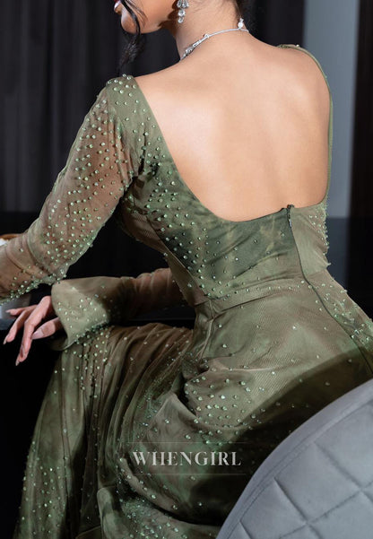 Sweetheart Long Sleeves Beaded A-Line Ruched Back Zipper Evening Dress