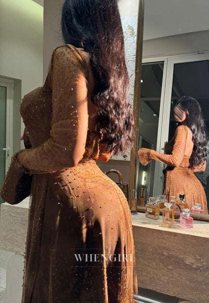 Sweetheart Long Sleeves Beaded A-Line Ruched Back Zipper Evening Dress