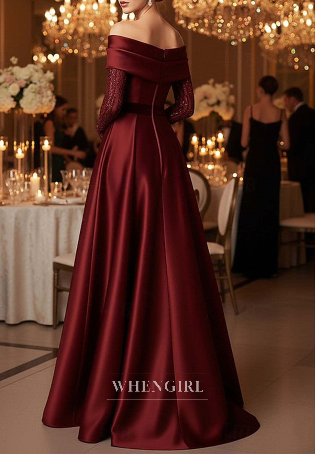 Off Shoulder Long Sleeves Slit Satin Mother of the Bride Dress