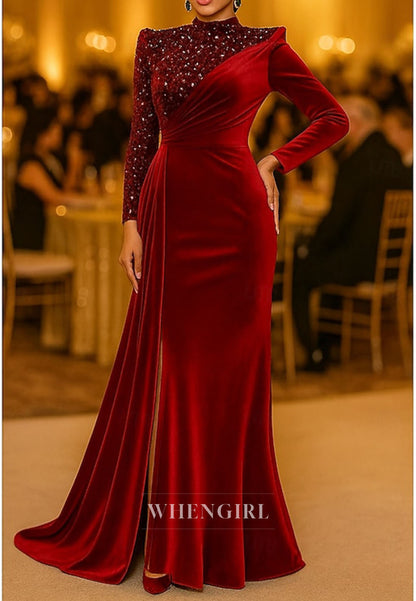 Mermaid Long Sleeves High Neck Side Slit Pleated Beaded Mother of the Bride Dress Evening Gown