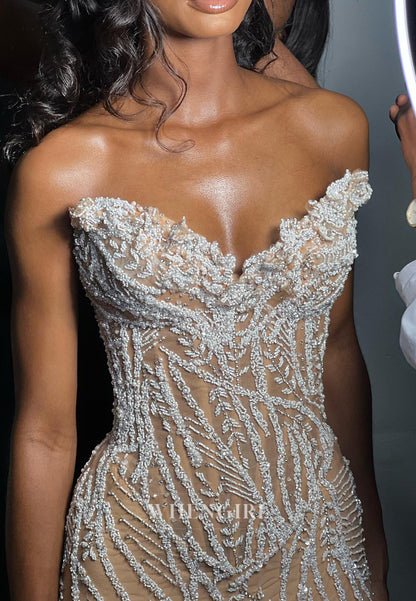 Mermaid Sweetheart Sleeveless Beaded Lace Up Sweep Train Prom Dress