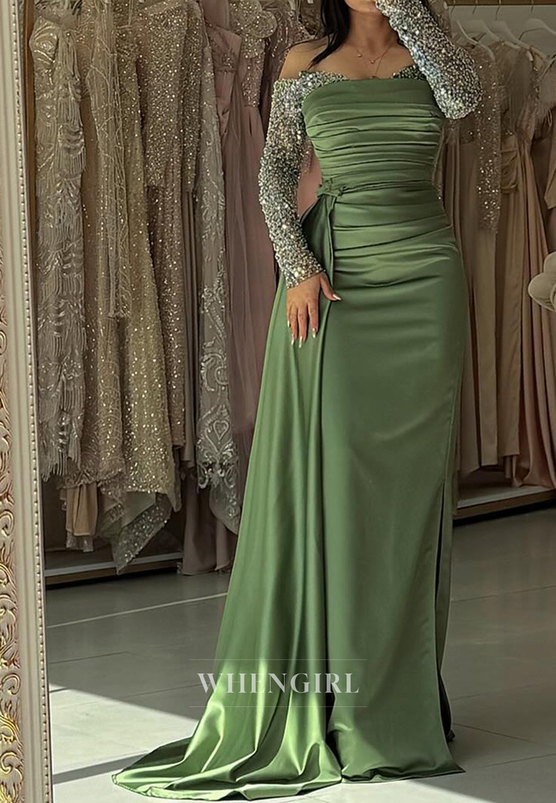 Beaded Sweetheart Sheath Prom Dress Long Sleeves Satin Party Gowns with Slit