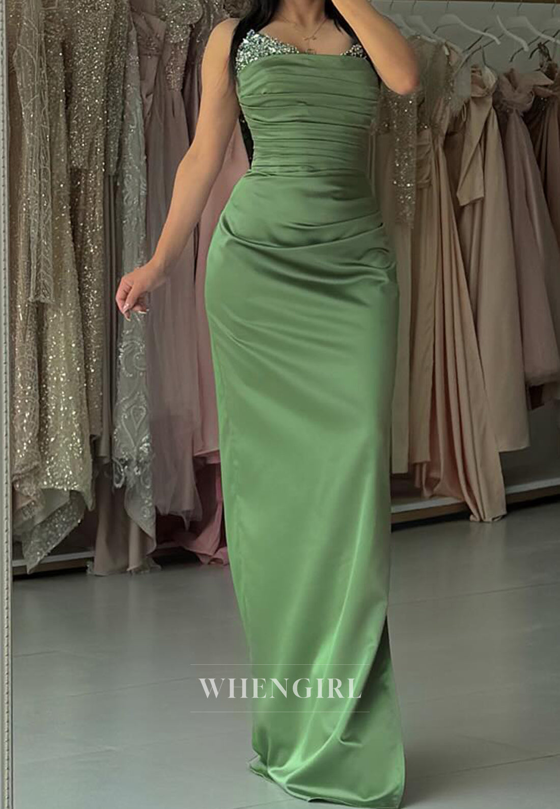 Beaded Sweetheart Sheath Prom Dress Long Sleeves Satin Party Gowns with Slit
