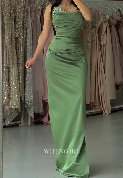 Beaded Sweetheart Sheath Prom Dress Long Sleeves Satin Party Gowns with Slit