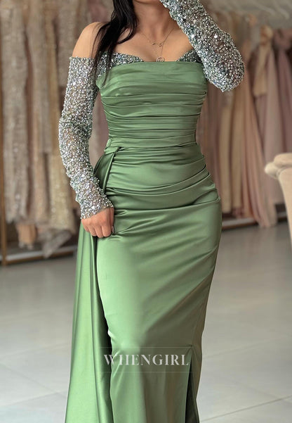 Beaded Sweetheart Sheath Prom Dress Long Sleeves Satin Party Gowns with Slit