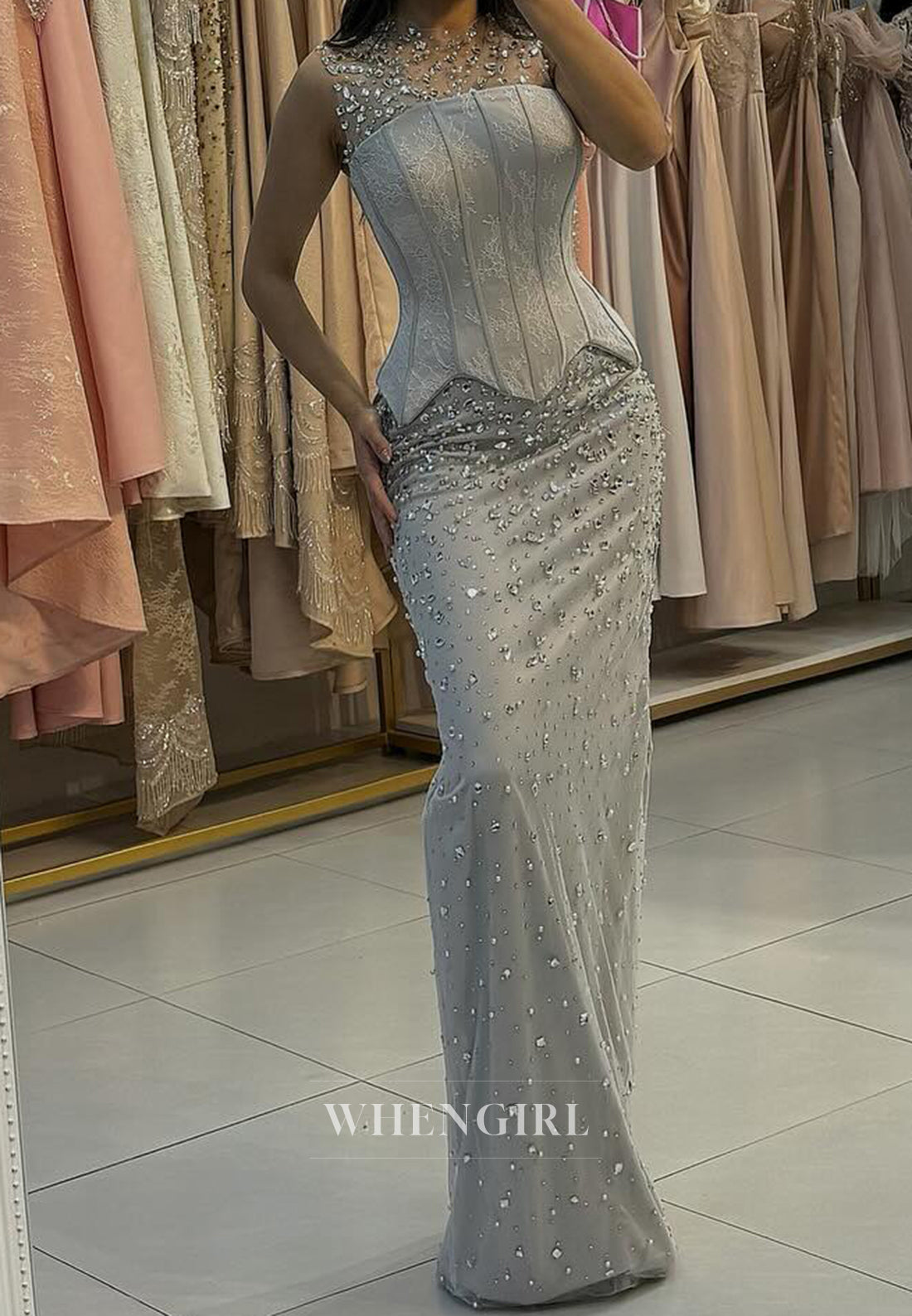 Stunning Empire Waist Sleeveless Sheath Long Lace Appliques Party Prom Dress with Beads