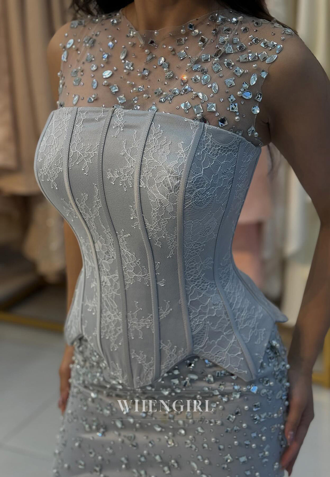 Stunning Empire Waist Sleeveless Sheath Long Lace Appliques Party Prom Dress with Beads