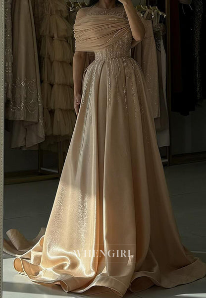 Graceful Scoop Neck A-Line Beaded Satin Formal Gowns with Appliques Prom Dress