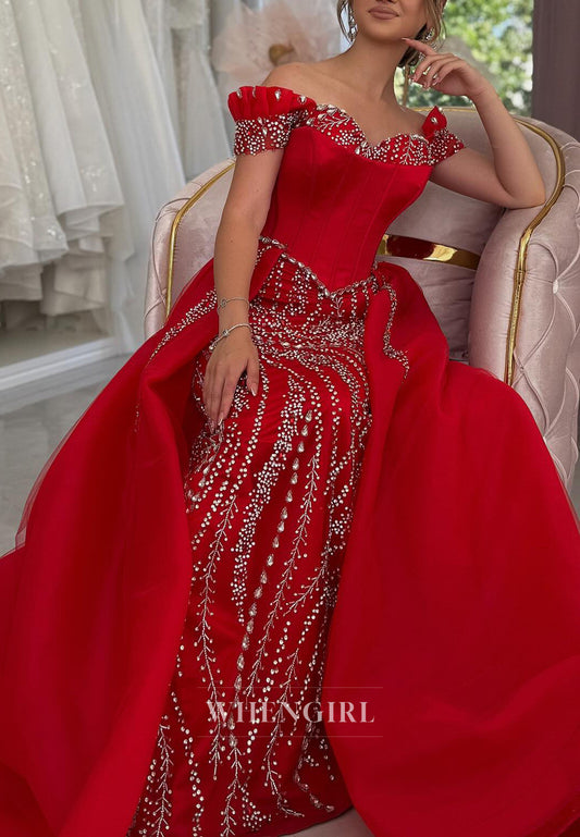 Red Off Shoulder Beaded Sheath Formal Dress Sleeveless Sweep Train Sweetheart Evening Dress