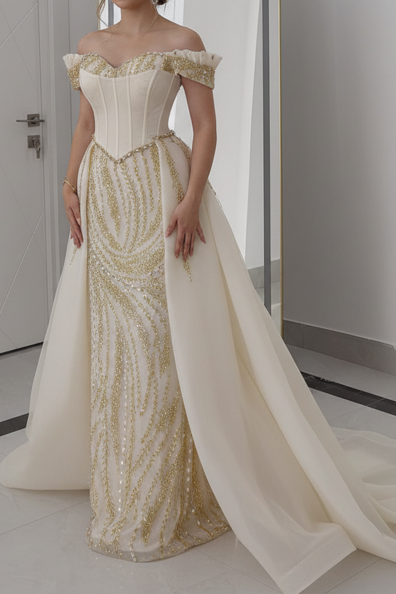 Red Off Shoulder Beaded Sheath Formal Dress Sleeveless Sweep Train Sweetheart Evening Dress