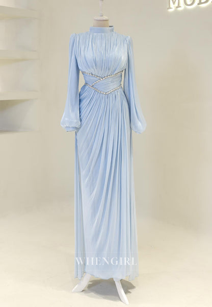 Long Sleeves Pleated Beaded A-Line Floor Length High Neck Sheath Formal Evening Gown